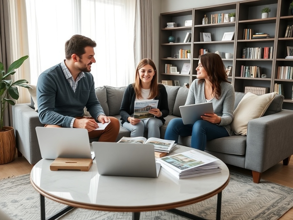 На диване сидят трое людей, обсуждая документы и идеи в уютной обстановке. На столе лежат планшеты и журналы.