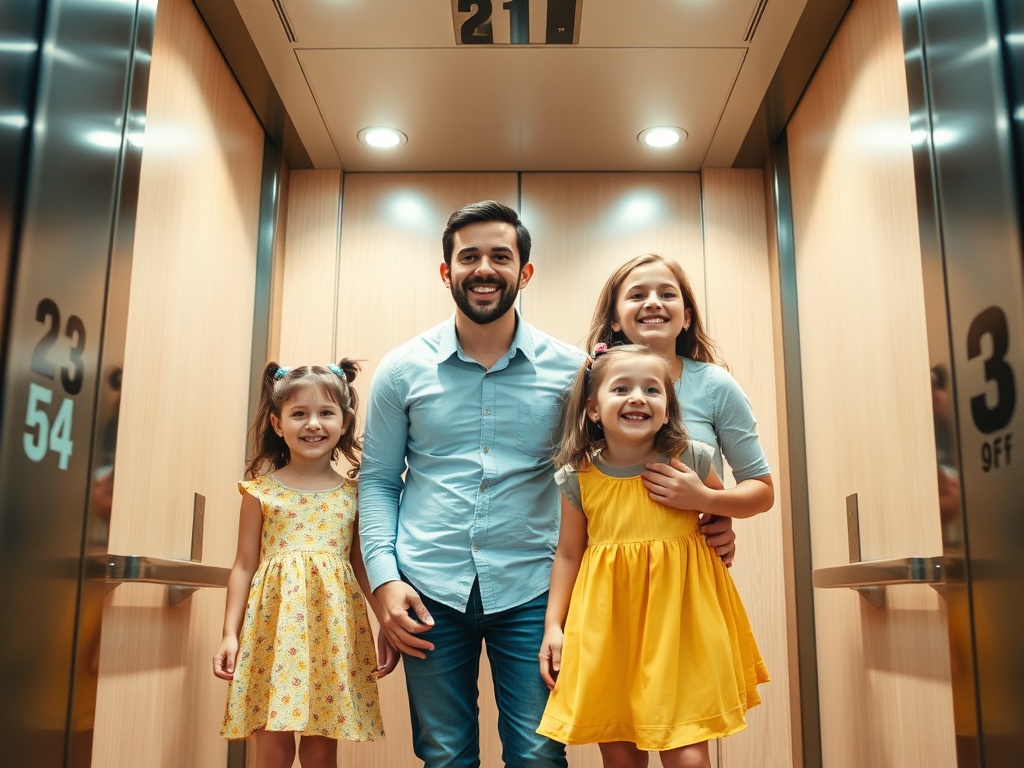 Человек с тремя девочками в лифте. Они улыбаются, лифт с деревянной отделкой и металлическими панелями.