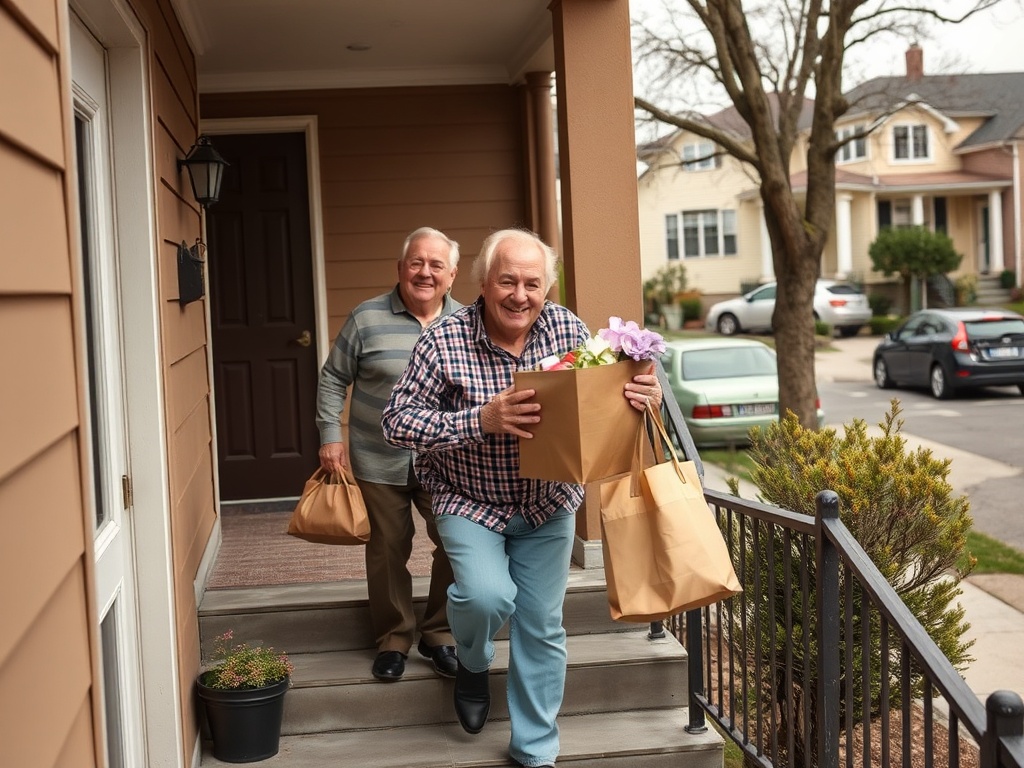 Два пожилых человека с пакетами на крыльце дома, улыбаются и наслаждаются моментом.