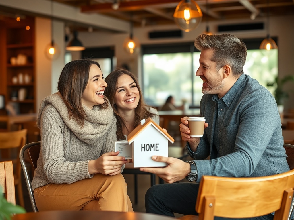 Трое друзей смеются и обсуждают дом, сидя за столом в уютном кафе. На столе — модель дома и чашки с кофе.