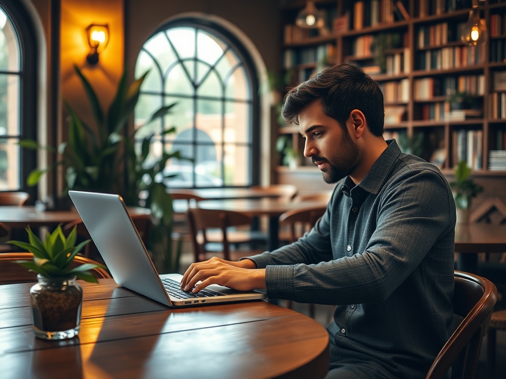 Молодой мужчина работает за ноутбуком в уютном кафе с книгами на фоне и растениями на столе.