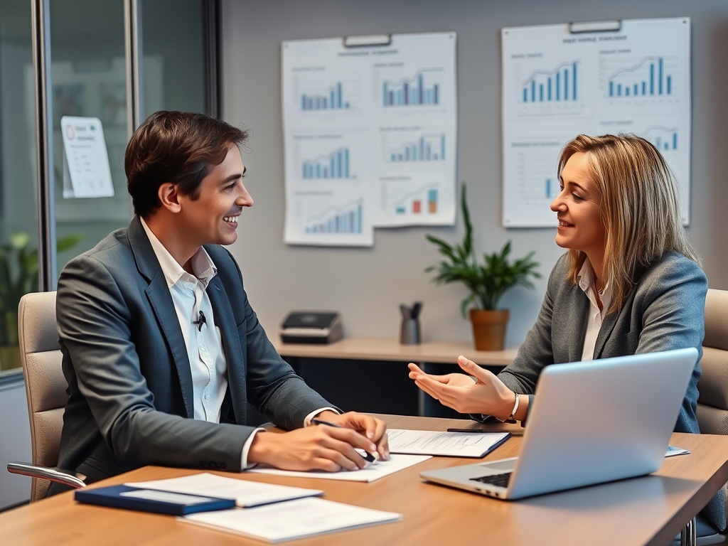 Два человека в деловых костюмах обсуждают документы за столом в офисе. На стенах графики и диаграммы.