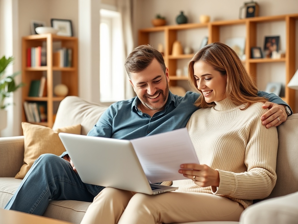 Счастливая пара читает документы на ноутбуке, сидя на диване в уютной комнате.