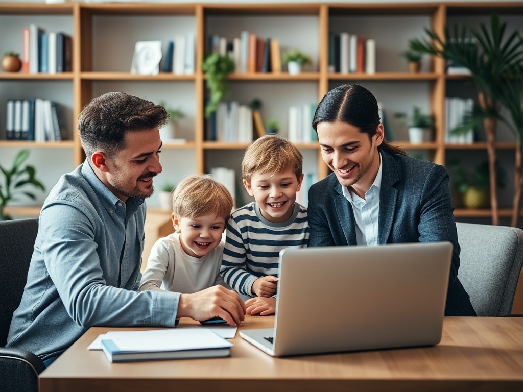 Семья наслаждается временем за компьютером, смеясь и общаясь друг с другом. Радостная атмосфера дома.