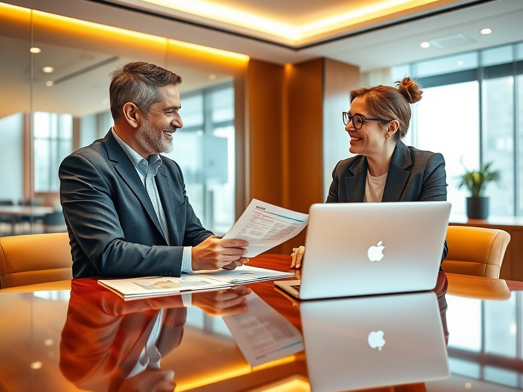 Два человека в офисе обсуждают документы, перед ними ноутбук, атмосферное освещение, хорошее настроение.