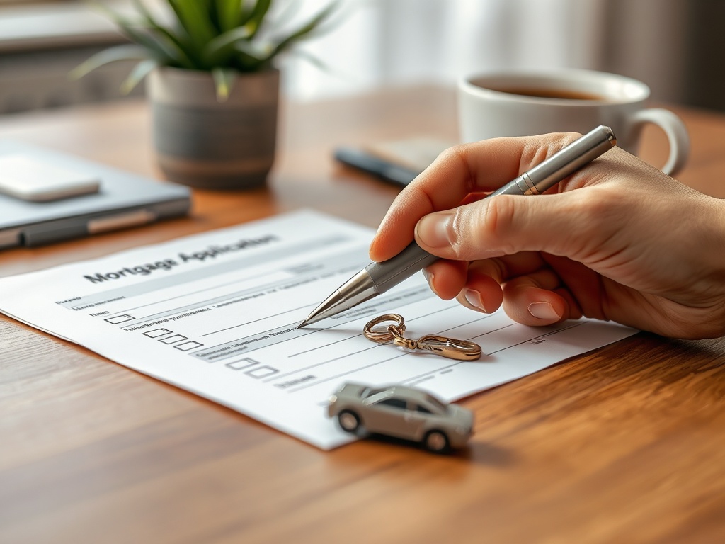 Рука с ручкой заполняет анкету на ипотеку рядом с ключами и моделью машины на деревянном столе.