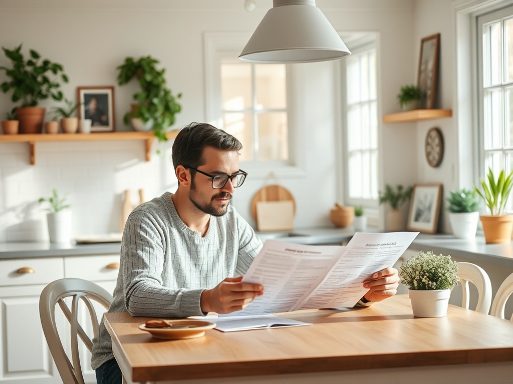 Мужчина с очками читает меню в светлом интерьере кухни, окружённый растениями и предметами декора.