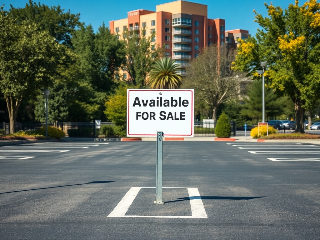Знак "На продажу" в свободной парковке с зелеными деревьями и многоэтажным зданием на фоне.